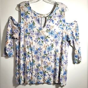 Cozy Casual white with blue floral design tunic women's L  #1962